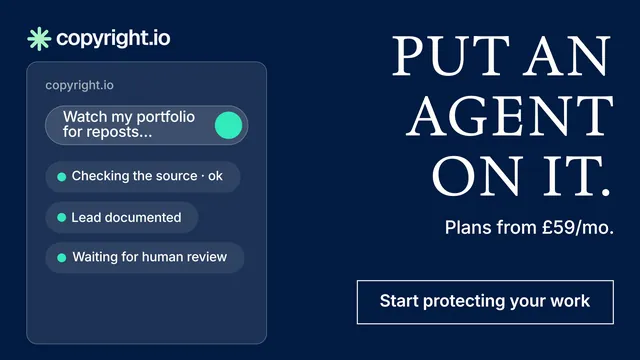 Landscape graphic for copyright.io: "Put an agent on it." Editorial style, right layout, dark palette in blue.