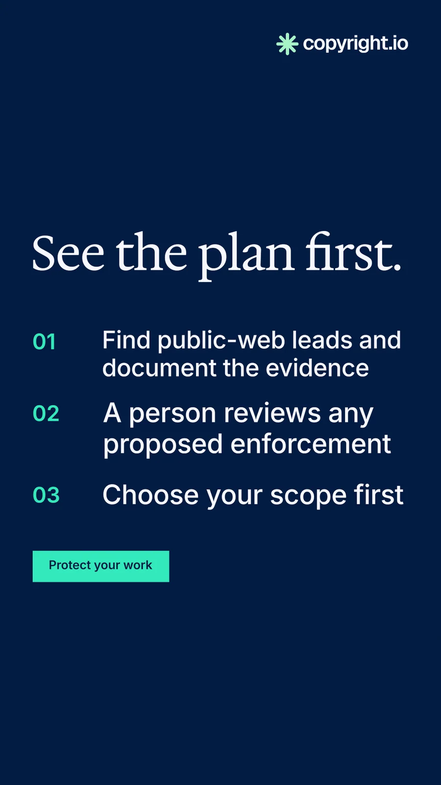 Instagram story for copyright.io: "See the plan first." Split block style, numbered layout, dark palette in blue.