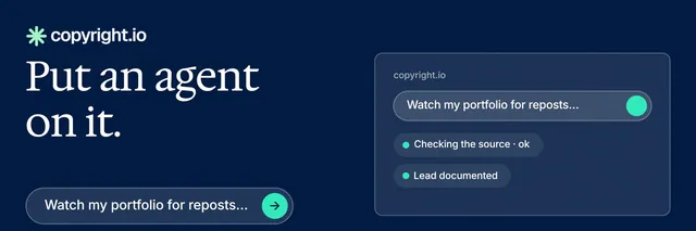 X header for copyright.io: "Put an agent on it." Agentic glass style, bottom layout, dark palette in blue.