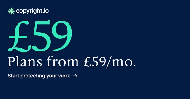 Social ad for copyright.io: "Your content is being stolen." Minimal luxury style, stat layout, dark palette in blue, teal.