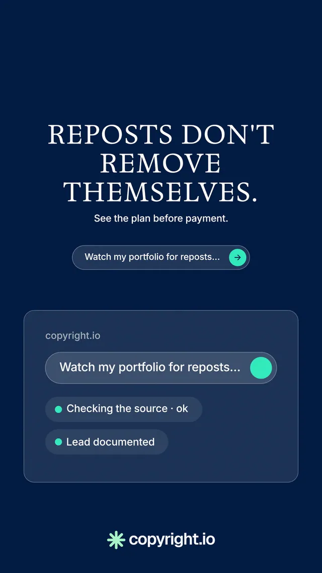 Instagram story for copyright.io: "Reposts don't remove themselves." Agentic glass style, centred layout, dark palette in blue.
