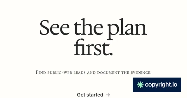 Social ad for copyright.io: "See the plan first." Swiss style, smallcaps layout, light palette in white, grey.