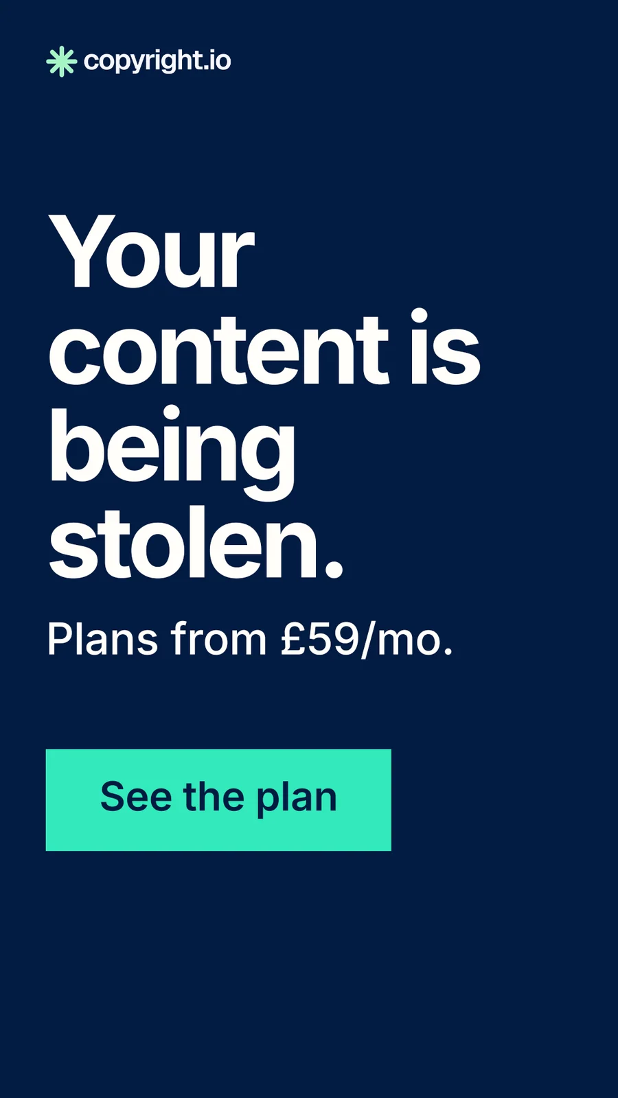 Instagram story for copyright.io: "Your content is being stolen." Swiss style, skeleton layout, dark palette in blue, teal.