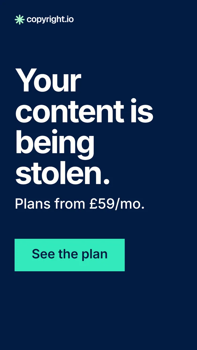 Instagram story for copyright.io: "Your content is being stolen." Swiss style, skeleton layout, dark palette in blue, teal.