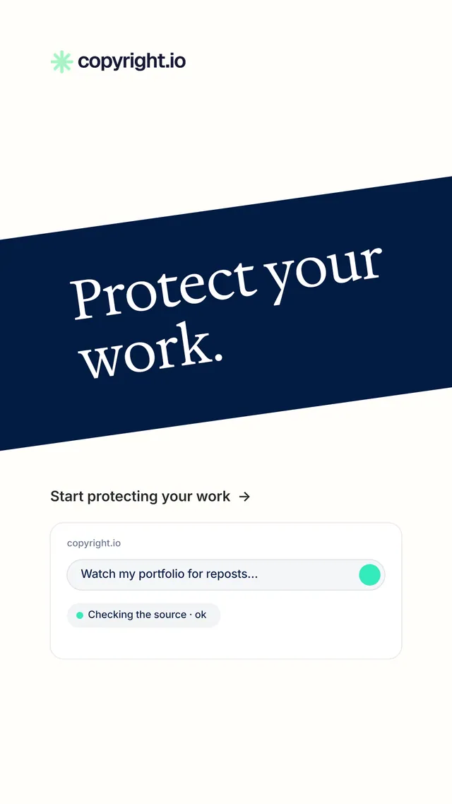 Instagram story for copyright.io: "Protect your work." Minimal luxury style, diagonal layout, light palette in white, blue.