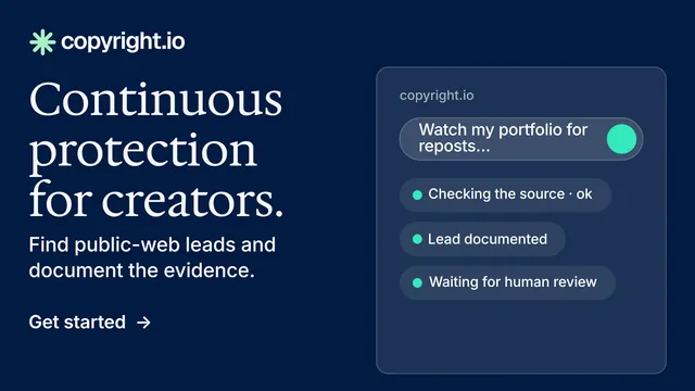 Landscape graphic for copyright.io: "Continuous protection for creators." Minimal luxury style, bottom layout, dark palette in blue.