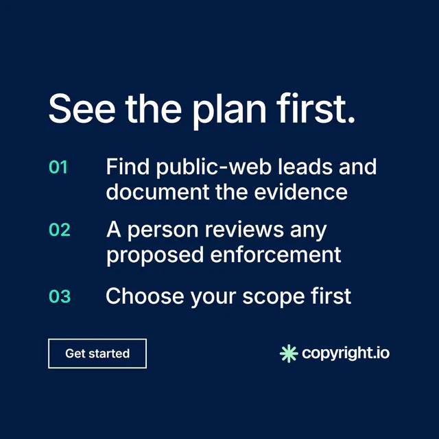 Instagram post for copyright.io: "See the plan first." Editorial style, numbered layout, dark palette in blue.