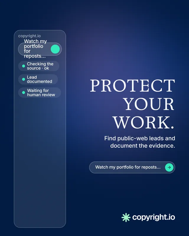Instagram portrait post for copyright.io: "Protect your work." Agentic glass style, right layout, dark palette in blue.