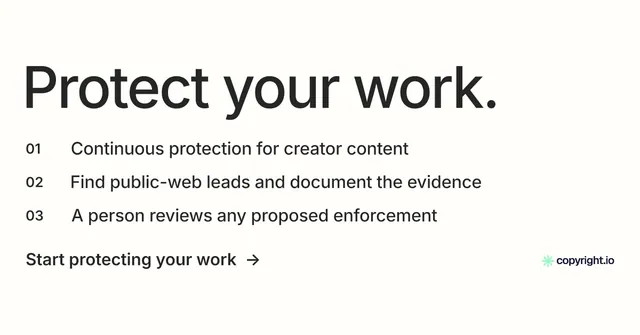 Social ad for copyright.io: "Protect your work." Minimal luxury style, numbered layout, light palette in white, grey.