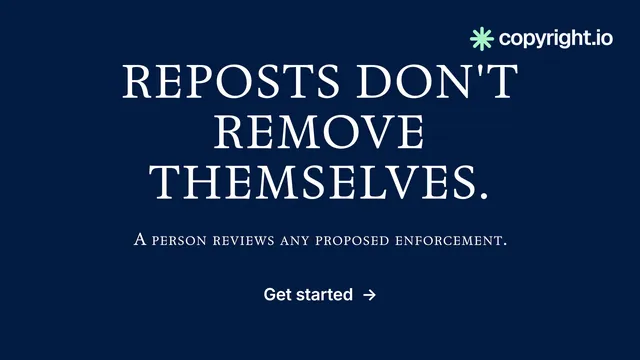 Landscape graphic for copyright.io: "Reposts don't remove themselves." Y2K style, smallcaps layout, dark palette in blue.