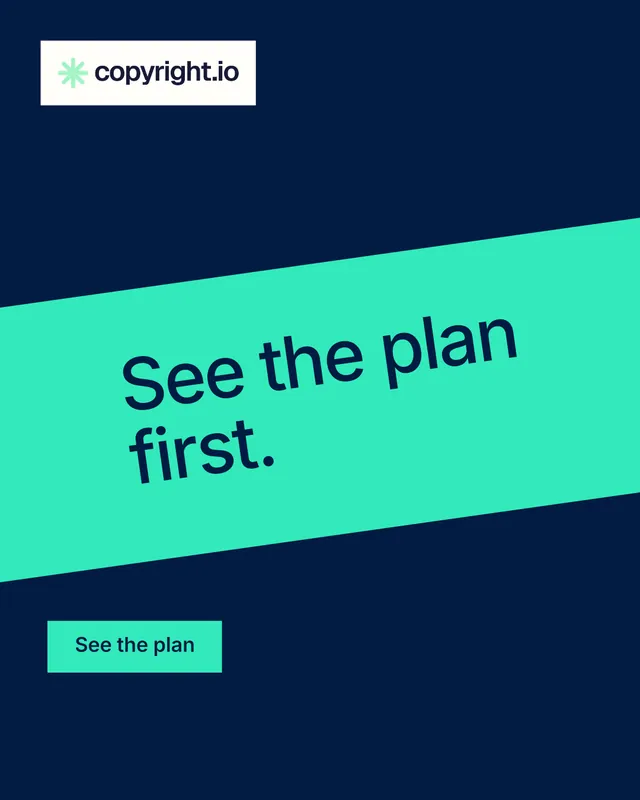 Instagram portrait post for copyright.io: "See the plan first." Split block style, diagonal layout, dark palette in blue, teal.