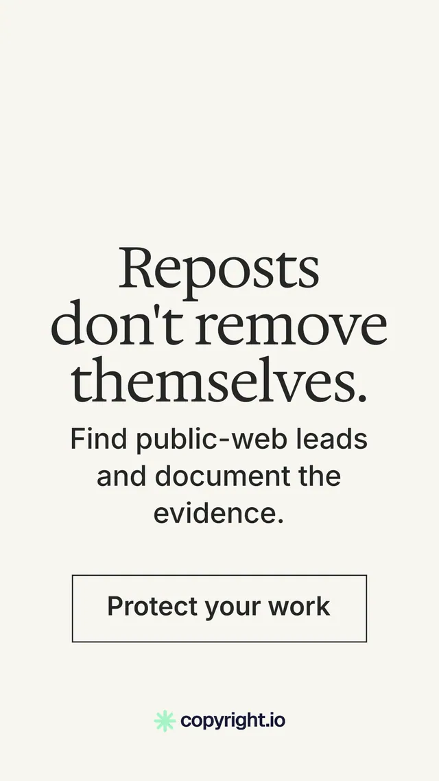 Instagram story for copyright.io: "Reposts don't remove themselves." Editorial style, skeleton layout, light palette in white, grey.