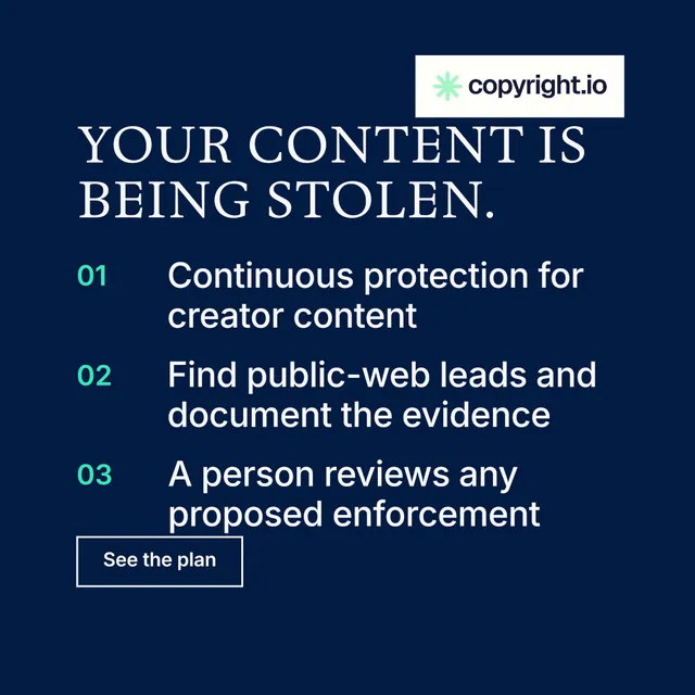 Instagram post for copyright.io: "Your content is being stolen." Editorial style, numbered layout, dark palette in blue.