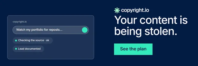 X header for copyright.io: "Your content is being stolen." Swiss style, skeleton layout, dark palette in blue.