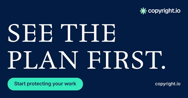 Social ad for copyright.io: "See the plan first." Y2K style, poster layout, dark palette in blue, teal.