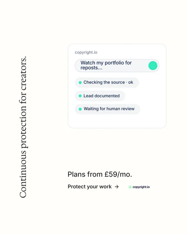 Instagram portrait post for copyright.io: "Continuous protection for creators." Minimal luxury style, vertical layout, light palette in white.