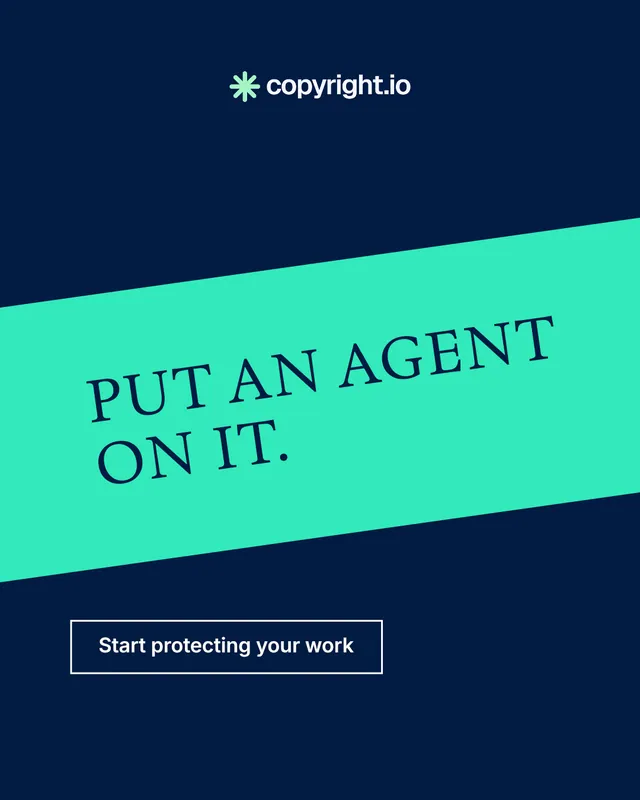 Instagram portrait post for copyright.io: "Put an agent on it." Editorial style, diagonal layout, dark palette in blue, teal.