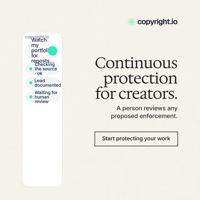 Instagram post for copyright.io: "Continuous protection for creators." Editorial style, right layout, light palette in white.