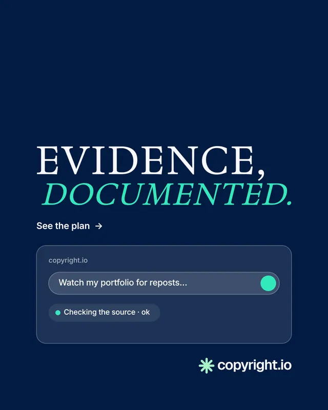 Instagram portrait post for copyright.io: "Evidence, documented." Minimal luxury style, stacked layout, dark palette in blue.