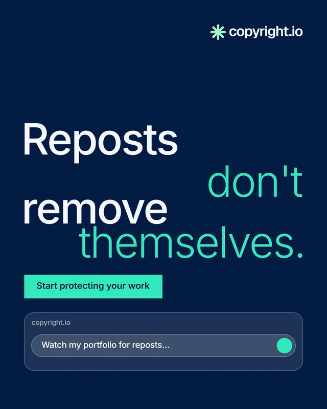 Instagram portrait post for copyright.io: "Reposts don't remove themselves." Swiss style, stacked layout, dark palette in blue.