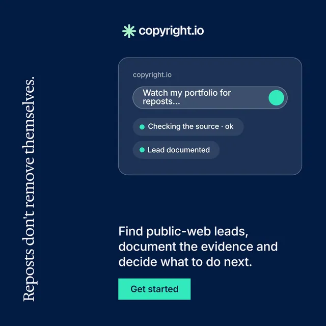Instagram post for copyright.io: "Reposts don't remove themselves." Split block style, vertical layout, dark palette in blue.