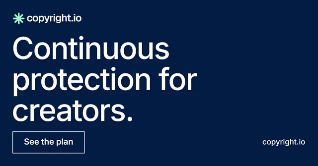 Social ad for copyright.io: "Continuous protection for creators." Editorial style, poster layout, dark palette in blue, grey.