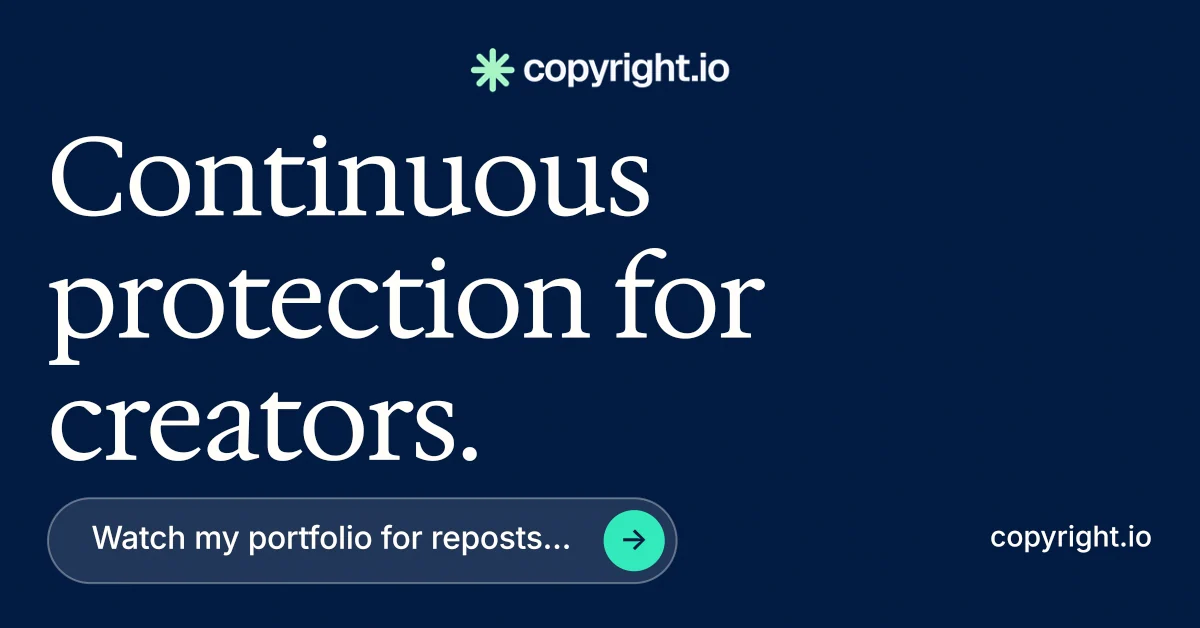 Social ad for copyright.io: "Continuous protection for creators." Agentic glass style, poster layout, dark palette in blue.