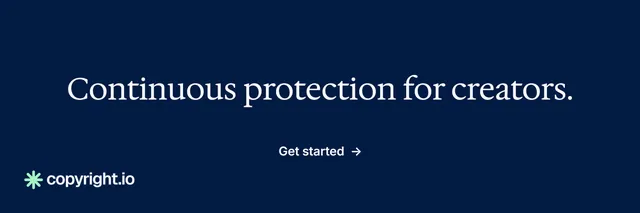 X header for copyright.io: "Continuous protection for creators." Minimal luxury style, centred layout, dark palette in blue.