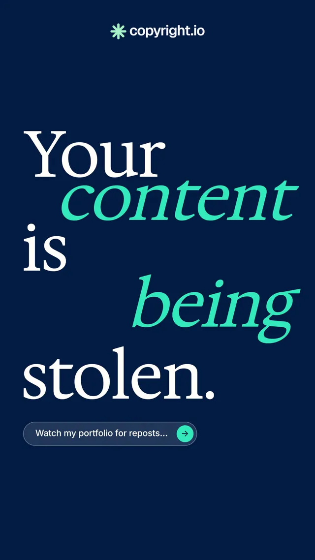 Instagram story for copyright.io: "Your content is being stolen." Agentic glass style, stacked layout, dark palette in blue.