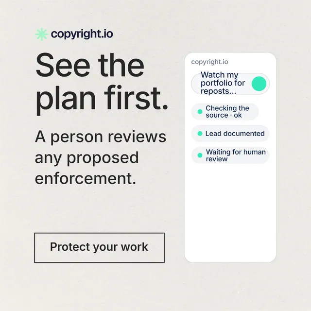 Instagram post for copyright.io: "See the plan first." Editorial style, skeleton layout, light palette in white, grey.