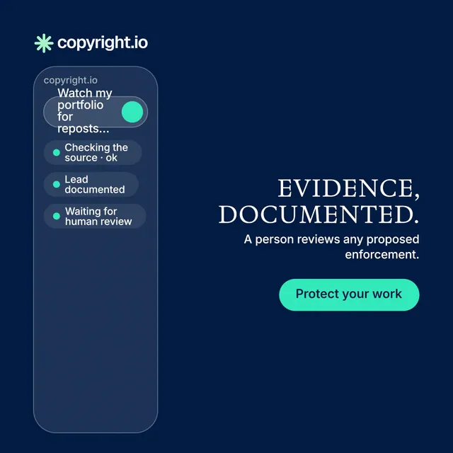 Instagram post for copyright.io: "Evidence, documented." Y2K style, right layout, dark palette in blue.