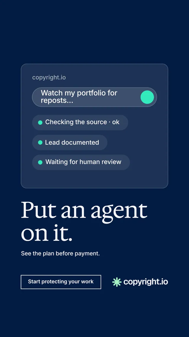Instagram story for copyright.io: "Put an agent on it." Editorial style, bottom layout, dark palette in blue.