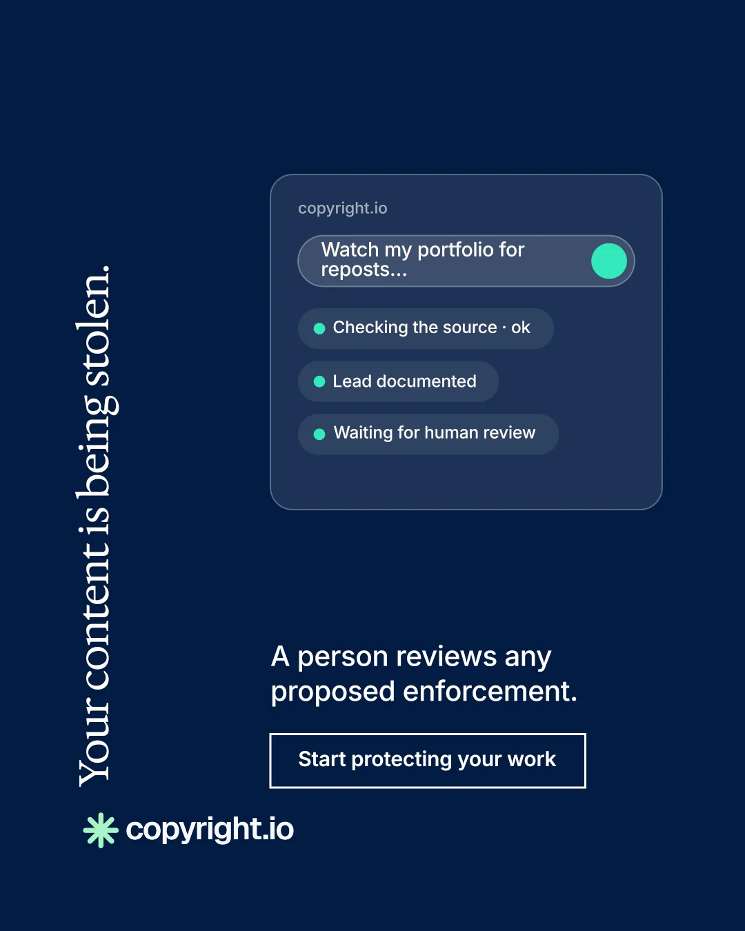 Instagram portrait post for copyright.io: "Your content is being stolen." Editorial style, vertical layout, dark palette in blue.
