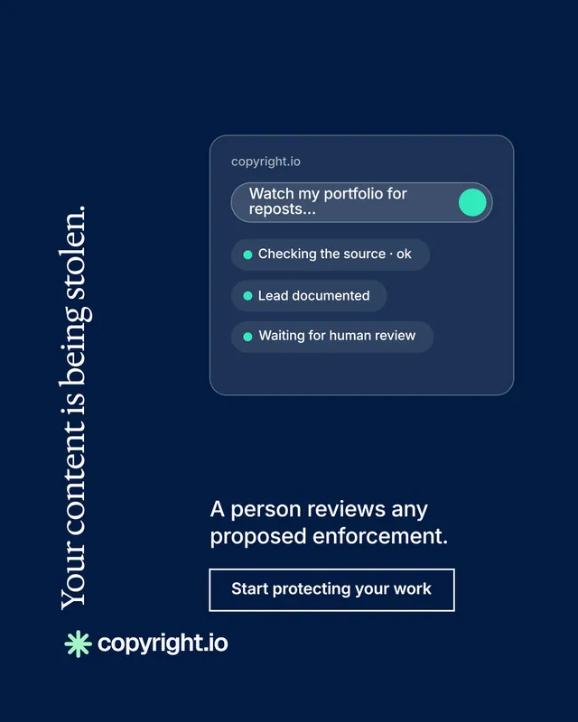 Instagram portrait post for copyright.io: "Your content is being stolen." Editorial style, vertical layout, dark palette in blue.