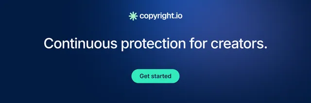 X header for copyright.io: "Continuous protection for creators." Y2K style, centred layout, dark palette in blue.