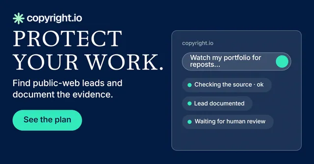 Social ad for copyright.io: "Protect your work." Agentic glass style, skeleton layout, dark palette in blue.