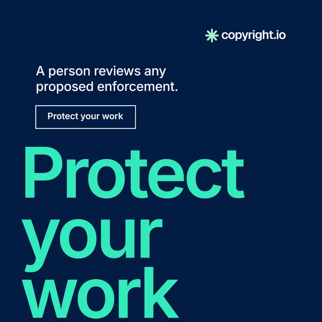 Instagram post for copyright.io: "Your content is being stolen." Editorial style, oversized layout, dark palette in blue, teal.