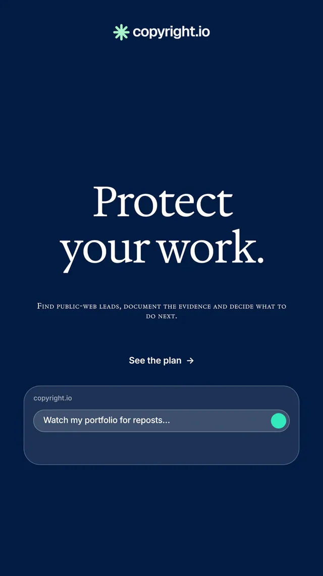 Instagram story for copyright.io: "Protect your work." Y2K style, smallcaps layout, dark palette in blue.