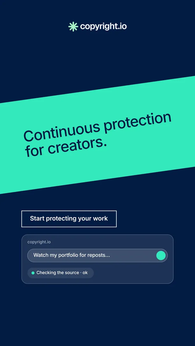Instagram story for copyright.io: "Continuous protection for creators." Editorial style, diagonal layout, dark palette in blue, teal.