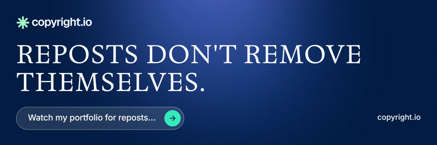 X header for copyright.io: "Reposts don't remove themselves." Agentic glass style, poster layout, dark palette in blue.