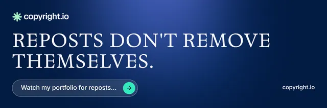 X header for copyright.io: "Reposts don't remove themselves." Agentic glass style, poster layout, dark palette in blue.