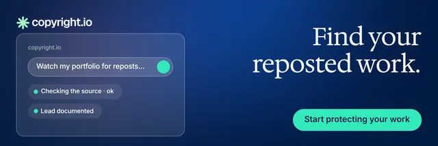 X header for copyright.io: "Find your reposted work." Y2K style, right layout, dark palette in blue, teal.