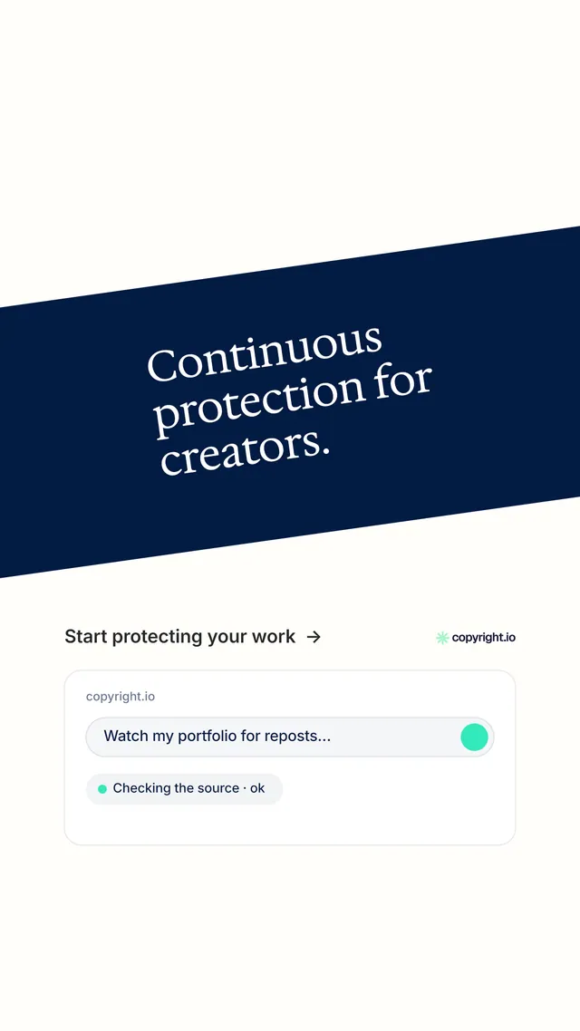 Instagram story for copyright.io: "Continuous protection for creators." Minimal luxury style, diagonal layout, light palette in white, blue.