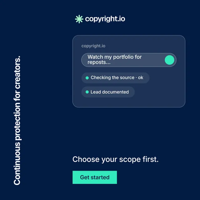 Instagram post for copyright.io: "Continuous protection for creators." Swiss style, vertical layout, dark palette in blue.
