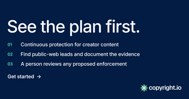 Social ad for copyright.io: "See the plan first." Minimal luxury style, numbered layout, dark palette in blue.