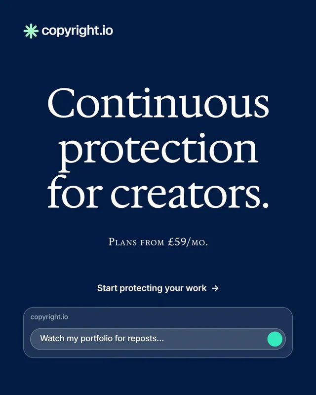 Instagram portrait post for copyright.io: "Continuous protection for creators." Agentic glass style, smallcaps layout, dark palette in blue.
