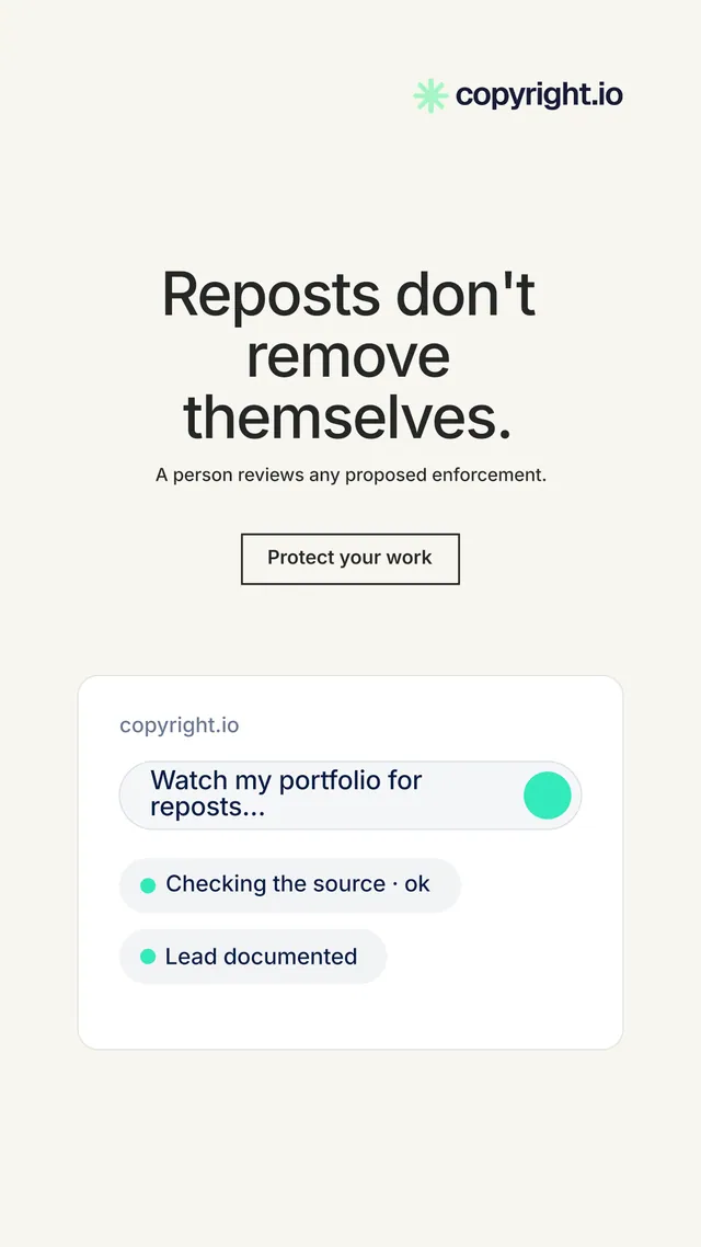 Instagram story for copyright.io: "Reposts don't remove themselves." Editorial style, centred layout, light palette in white.