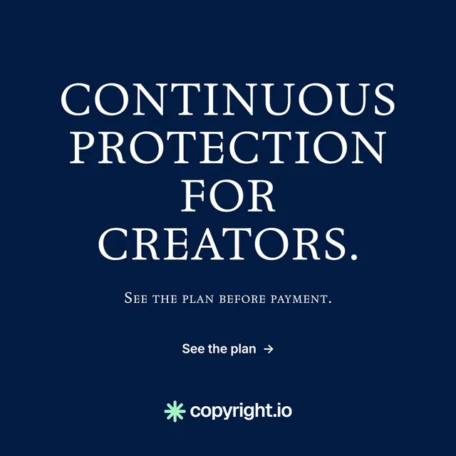 Instagram post for copyright.io: "Continuous protection for creators." Y2K style, smallcaps layout, dark palette in blue.