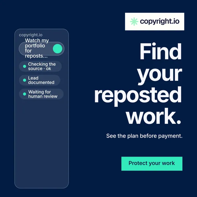 Instagram post for copyright.io: "Find your reposted work." Swiss style, right layout, dark palette in blue.