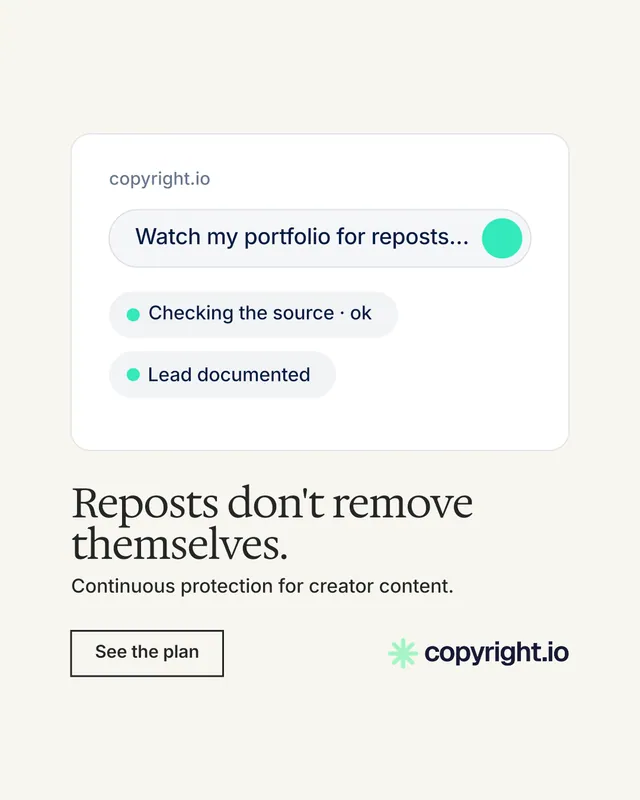 Instagram portrait post for copyright.io: "Reposts don't remove themselves." Editorial style, bottom layout, light palette in white.